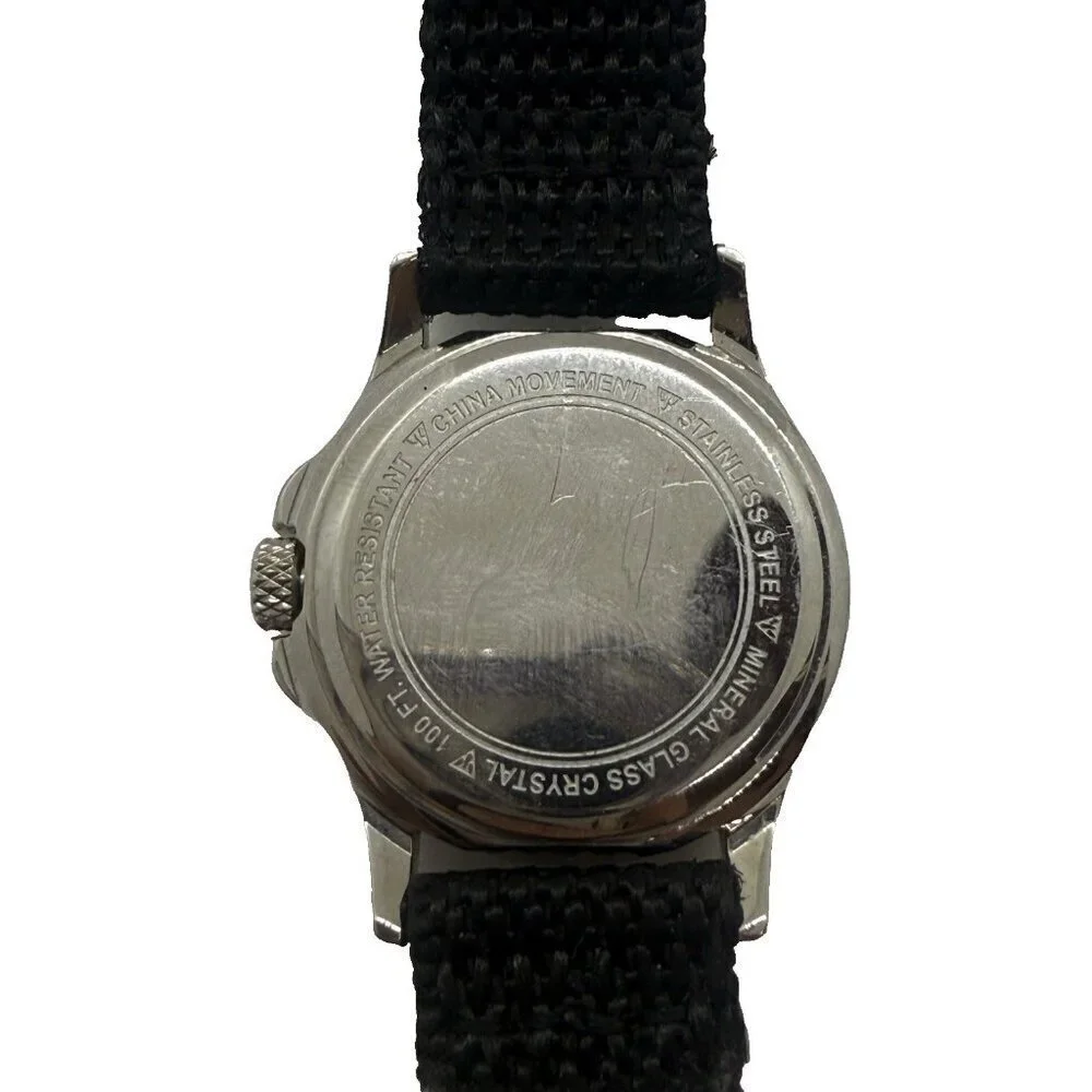 Dakota Round Stainless Steel Watch Canvas Black Band Mineral Glass Crystal 3 ATM